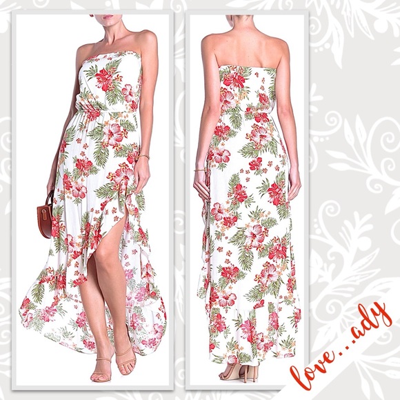 Ruffle Hem Tropical Floral Maxi Dress in Ivory (White